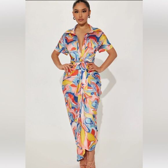 Hailey Button Up Maxi Dress - Blue/Combo - Picture 1 of 8